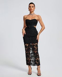 Featuring a lace floral cutout bustier design, this maxi dress adds a touch of elegance to any occasion. Its form flattering silhouette and intricate lace detailing create a sophisticated look, while the cutout design adds a modern twist. Perfect for a formal event or a night out, this dress will make you feel confident and stylish. Our Style No.TJ23500 Height - 68.9"/175cm Bust - 34.6"/88cm Waist - 25.6"/65cm Hips - 36.6"/93cm and wears size S About Wholesale/Dropshipping, please contact us! No Strapless Sweetheart Neckline, Cutout Design, Feminine Silhouette, Black Midi, Lace Hem, Lace Midi, Lace Midi Dress, Lace Design, British Indian