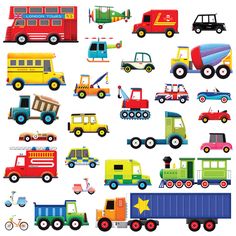 a large group of different types of trucks and cars on a white background with the words vehicles written below them