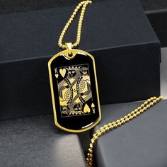 "This King of Hearts Necklace Is the Perfect Gift Whether for Yourself or a Loved One.  Explore all our Inspirational jewelry here: https://www.etsy.com/in-en/shop/SymbolicPresent?ref=seller-platform-mcnav&section_id=31033166 ➜ Our jewelry is made of high-quality surgical steel with a shatterproof liquid glass coating and an 18k gold finish option. ➜ Engrave onto the back of the Playing Card pendant your loved one's name, your wedding date, an anniversary, or anything else you want to remember a Vintage Heart-shaped Jewelry For Personalized Gift, Gold Necklace For Father's Day Birthday Gift, Black Jewelry For Anniversary, Mother's Day Gift, Black Jewelry For Anniversary Gift On Mother's Day, Black Jewelry For Anniversary And Mother's Day, Father's Day Dog Tag Necklace Gift, Father's Day Dog Tag Necklace For Gift, Father's Day Gift Dog Tag Necklace, Vintage Necklaces For Valentine's Day Personalized Gift