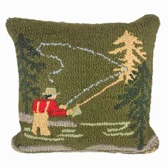 Fly Fisherman Pillow – Montana Gift Corral Fly Fishing Pictures, Fish Blanket, Hand Hooked Pillows, River Fish, Ski Lodge Decor, Hooked Pillow, Face Pillow, Fishing Pictures, Fly Fisherman