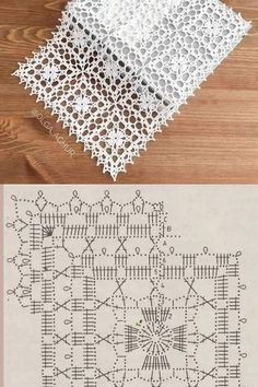 two pictures showing different types of crocheted doily on wood flooring, one with