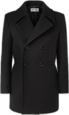 Designer Double-breasted Pea Coat With Hidden Buttons, Designer Black Wool Pea Coat, Designer Pea Coat With Double Button Closure For Office, Designer Wool Pea Coat With Double-breasted Buttons, Designer Wool Double-breasted Pea Coat, Designer Formal Pea Coat With Double Button Closure, Designer Double-breasted Pea Coat For Office, Designer Pea Coat With Notch Lapel, Designer Double Button Peacoat For Work