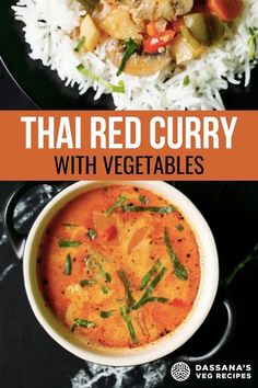 thai red curry with vegetables and rice in a bowl on a black plate, next to a