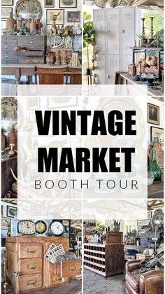 the cover of vintage market booth tour with lots of furniture and clocks on display in it