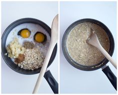 two pictures of eggs and oatmeal in a pan