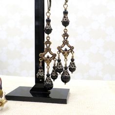 Victorian Style Chandelier Earrings, Antique Brass, Black Pearls, Goth Bride Wedding, Dark Academia, Ren Faire Cosplay, Handmade Long Dangle Black Dangle Chandelier Earrings For Wedding, Black Fantasy Style Pierced Earrings, Black Fantasy Earrings, Black Fantasy Style Earrings, Vintage Black Earrings For Wedding, Handmade Black Fantasy Earrings, Handmade Victorian Black Earrings, Handmade Black Wedding Earrings, Gothic Dangle Earrings For Wedding