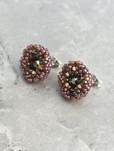 Dark Gold Metallic Crystal Stud Earrings / Beaded Rainbow Rust | Etsy Handmade Brown Clip-on Earrings As Gift, Round Beaded Clip-on Earrings Gift, Beaded Round Clip-on Earrings Gift, Gift Beaded Round Clip-on Earrings, Adjustable Beaded Clip-on Earrings As Gift, Beaded Rainbow, Jordan Jewelry, Polymer Jewelry, Earrings Beaded