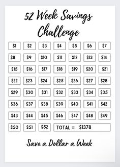 the 52 week savings challenge is shown in black and white, with numbers on it