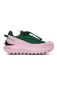 Moncler: Green & Pink Trailgrip GTX Sneakers | SSENSE Green Sneakers With Vibram Sole, Functional Pink Sneakers With Laces, Pink Sports Sneakers With Studded Outsoles, Pink Sneakers With Studded Outsoles For Sports, Functional Green Sneakers With Laces, Functional Pink High-top Sneakers, Functional Pink Sneakers With Rubber Sole, Green High-top Trail Running Sneakers, Green High-top Sneakers For Trail Running