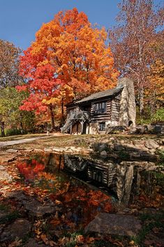 an old log cabin sits next to a pond in the woods with fall foliage around it