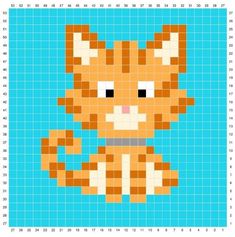 a pixellated image of a cat in orange and white on a blue grid background