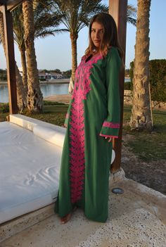 A stunning embroidered Kaftan dress that is elegant, colorful, and unique! The dress is made of Egyptian cotton that has a soft feel to it so you will surely feel comfortable and royal in it. It also comes with a small invisible pocket on the right side of the Kaftan for added practicality. You can wear this Kaftan practically anywhere and for any occasion. You can dress it up with a pair of heels and strut like an Egyptian queen in any gathering, resort, or party. Or you can dress it down with Green Autumn, Embroidered Caftan, Embroidered Kaftan, Maxi Kaftan, Egyptian Queen, Bohemian Maxi, Kaftan Dress, Dress Long Sleeve, Egyptian Cotton