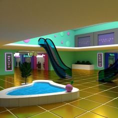 a room with a pool and slide in the center, surrounded by tiled flooring