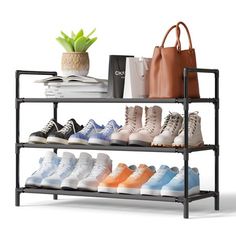 the shoe rack is holding many pairs of shoes and bags, including one for each pair