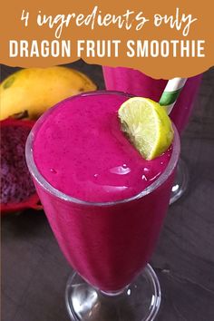 the dragon fruit smoothie is garnished with a slice of lemon