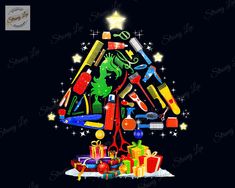 a christmas tree with various items around it on a black background that says shop and share