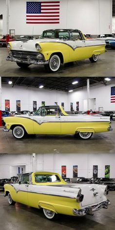 three different pictures of old cars in a garage with an american flag on the wall