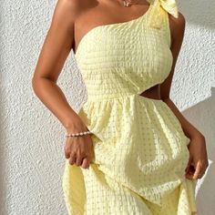 On Shoulder Yellow Dress. Tags Not On It, But Never Worn. One-shoulder Mini Dress For Spring, Yellow One-shoulder Mini Dress For Spring, One Shoulder Sundress For Day Out, Spring One Shoulder Sundress, Spring One-shoulder Sundress, Dresses Yellow, Shein Dress, Shein Dresses, Dress First