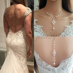 the back of a woman's wedding dress with pearls and beads on her neck