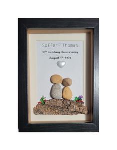 two rocks sitting on top of each other in a wooden frame with the words, soffe