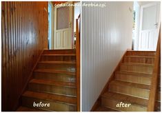 before and after photos of wood stairs in a house with white paneling on the walls