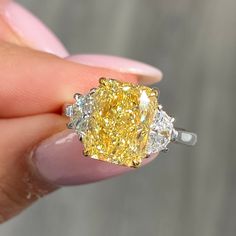 fancy yellow elongated radiant ring Elongated Radiant Cut, Engagement Rings 4 Carat, Radiant Diamond Engagement Ring, Elongated Radiant, Yellow Diamond Jewelry, Radiant Diamond Engagement Rings, Yellow Stone Rings, Blue Diamond Jewelry, Pink Diamond Jewelry