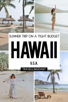 a woman standing on top of a beach next to palm trees and the words summer trip on a tight budget