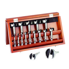 a set of screws in a wooden case with four sets inside the box and six tools on each side