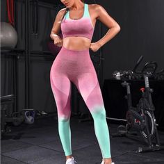 Never Worn Brand New Originally $23 Mint Green Pink Ombre Legging Set Pink Summer Gym Activewear, Fitted Pink Activewear For The Gym, High Stretch Pink Activewear For Summer, Pink High Stretch Activewear For Spring, High Stretch Pink Activewear For Spring, Fitted Sleeveless Pink Activewear, Spring Pink Activewear For Gym, Spring Gym Pink Activewear, Ombre Leggings