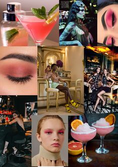 a collage of photos with different types of food and drinks in them, including cocktails