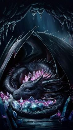 a dragon with its mouth open sitting in the middle of some rocks and ice crystals