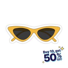 yellow sunglasses with the words buy 10 get 50 % off sticker on it's side