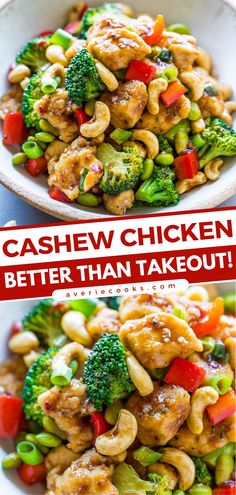 cashew chicken and broccoli stir - fry in a white bowl with the words cashew chicken better than takeout