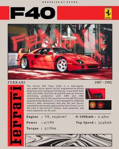 an advertisement for the ferrari racing team, which has been printed in red and black