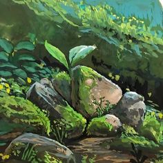 a painting of rocks and plants in the woods