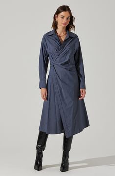 Asymmetrical wrap midi dress Pinstripe detail Button closure at center front and side Dry clean only 72% Cotton, 25% Nylon, 3% Elastane Style #ACDR102475 Popped Collar, Wrap Midi Dress, Astr The Label, Quiet Luxury, Collar Dress, Guest Dresses, Latest Fashion For Women, Denim Blue, S Models