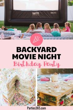 backyard movie night birthday party with kids sitting on the couch and eating cake in front of an inflatable screen