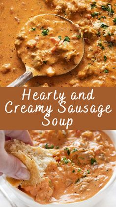 hearty and creamy sausage soup in a white bowl with a ladle scooping out