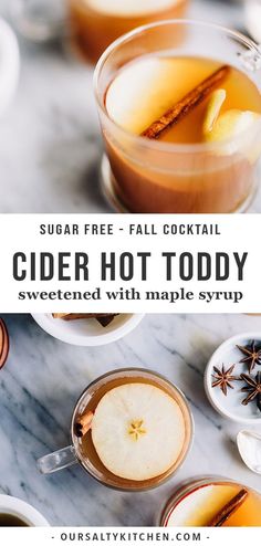 two cups of cider hot toddy with an apple and cinnamon garnish