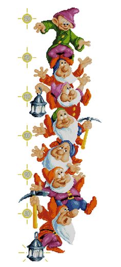 the seven dwarfs cross stitch pattern with numbers and symbols on it, as well as an image