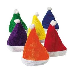 Are you tired of the traditional red and white Santa hats? Regular Santa hats can be a bit boring. But look no further than this assortment of one dozen Colorful Santa Hats, including red. Each hat has a 24" circumference and is 14" from opening to the tip, but may run small. Make it a brightly colored Christmas! These are great Christmas party favors and Christmas stocking stuffers as well. Polyester. Mrs Claus Costume, Purple Santa, Santa Cap, Christmas Tree Hat, Hats For Kids, Christmas Hats, Christmas Program, Novelty Hats, Holiday Christmas Party