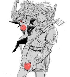 a drawing of two people standing next to each other with red apples in their hands