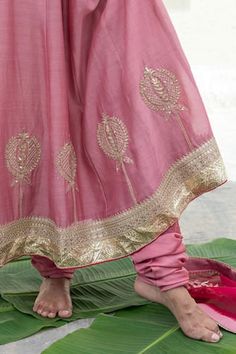 Light pink anarkali with floral, dori, sequin embroidery on the bodice and mandala buttis above hemline, elevated with embroidered hem. Paired with a churidar. - Aza Fashions Dark Pink Dupatta, Light Pink Anarkali, Chanderi Anarkali, Floral Anarkali, Anarkali Churidar, Pajamas Silk, Pink Anarkali, Pink Dupatta, Embroidered Hem