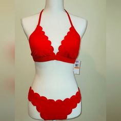 Red-Hot Bikini!!! You'll Be Beach-Ready And Gorgeous In This Vibrant Bikini! The Scalloped Edges And Styling Are Both Sexy And Flattering. Red Fitted Swimwear For Holiday, Fitted Red Swimwear For Holiday, Red Fitted Holiday Swimwear, Boho Bathing Suit, Blue Bathing Suit, 2 Piece Swimsuits, Beach Ready, Scalloped Edges, Red Hot