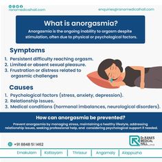 Anorgasmia is the ongoing inability to orgasm despite stimulation, often due to physical or psychological factors. Symptoms 1.Persistent difficulty reaching orgasm. 2.Limited or absent sexual pleasure. 3.Frustration or distress related to orgasmic challenges. Causes 1.Psychological factors (stress, anxiety, depression). 2.Relationship issues. 3.Medical conditions (hormonal imbalances, neurological disorders). Hormonal Imbalances, Male Fertility, Health Talk, Love Challenge, Neurological Disorders, Relationship Issues, Medical Conditions, Relationship Tips, Relationship Advice