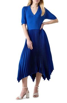 Accordion pleats accentuate the handkerchief hem of a short-sleeve dress that delivers plenty of personality. Slips on over head Spread collar V-neck Short sleeves 53% viscose, 45% polyamide, 2% elastane Machine wash, dry flat Imported Care Label, Royal Blue, Blue