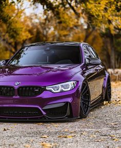 a purple car parked on the side of a road next to some trees and leaves