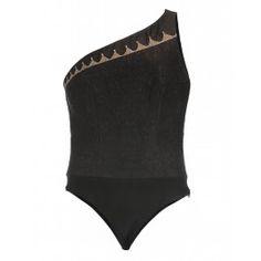 a women's black one piece swimsuit with gold trimmings on the side