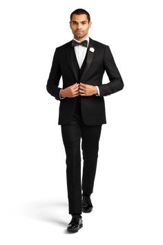 This black tuxedo with a notch lapel and two buttons brings all the classic black tie styling you need for your next formal event.  Either a bow tie or long tie work with a notch lapel and you can opt for shiny or matte shoes depending on your personal preference. Timeless Black Tuxedo For Evening, Black Tuxedo With Pressed Crease For Evening, Black Evening Tuxedo With Pressed Crease, Custom Fit Black Tuxedo For Black-tie Events, Timeless Black Tuxedo For Black-tie Events, Timeless Black Tuxedo For Semi-formal Occasions, Elegant Black Tuxedo With Pressed Crease, Classic Black Tuxedo For Semi-formal Occasions, Tailored Tuxedo For Black Tie Event