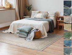 a bedroom with white walls and wood floors, including a bed covered in blankets and pillows